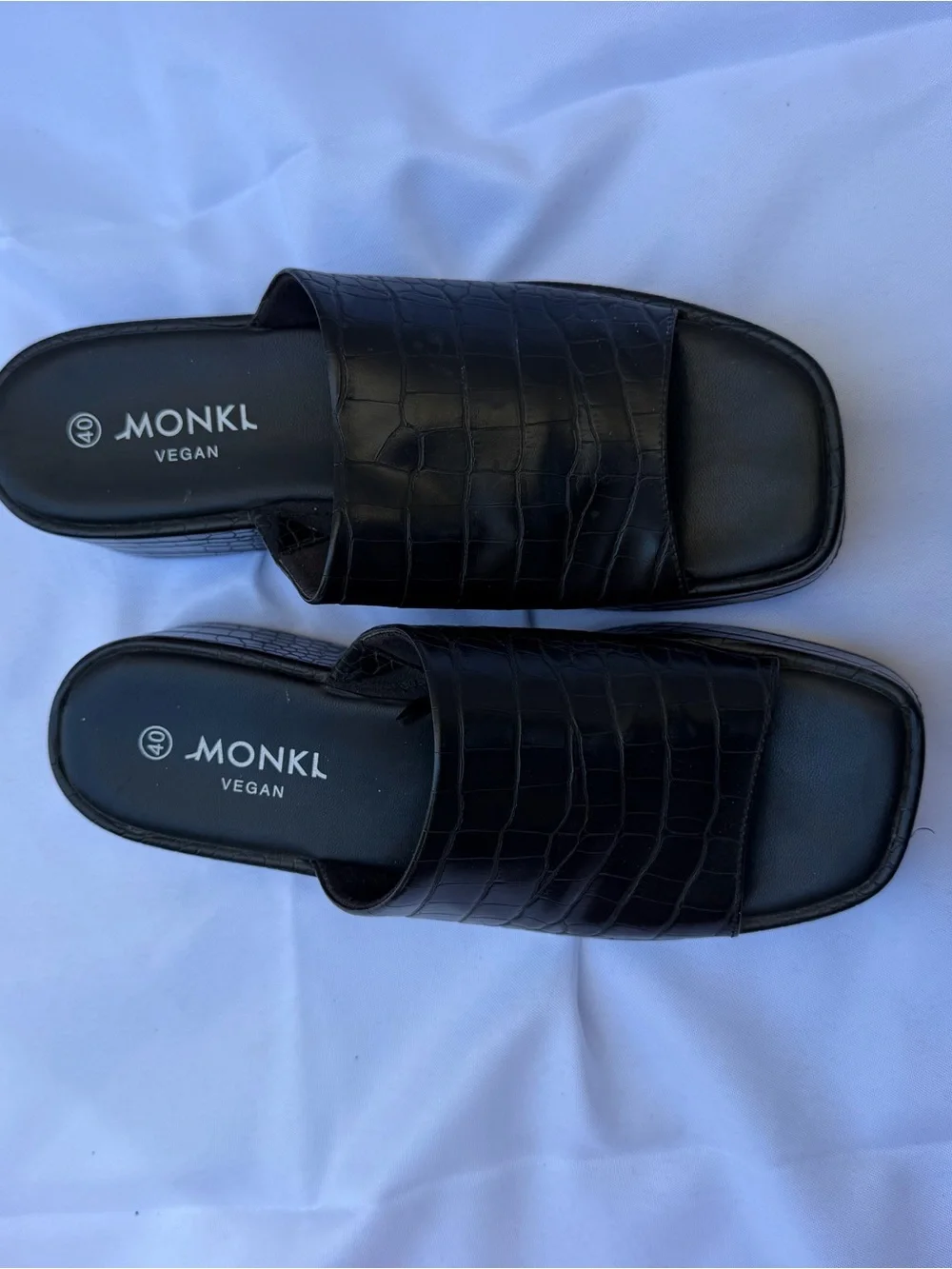 Monki Black Croc-Embossed Platform Slide Sandals
